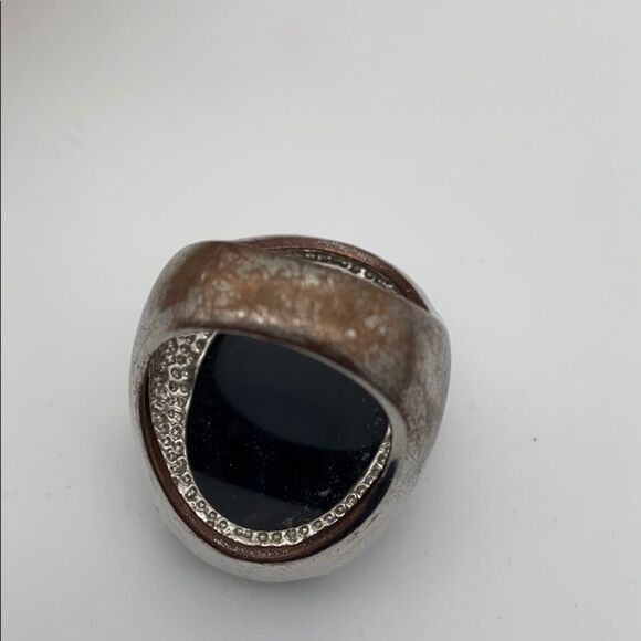 Funky polished black stone & silver tone ring 6.5 - Picture 6 of 16